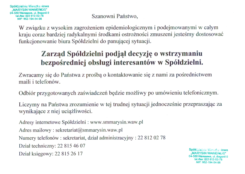 Wstrzymanie bezpośredniej obsługi interesantów w Spółdzielni