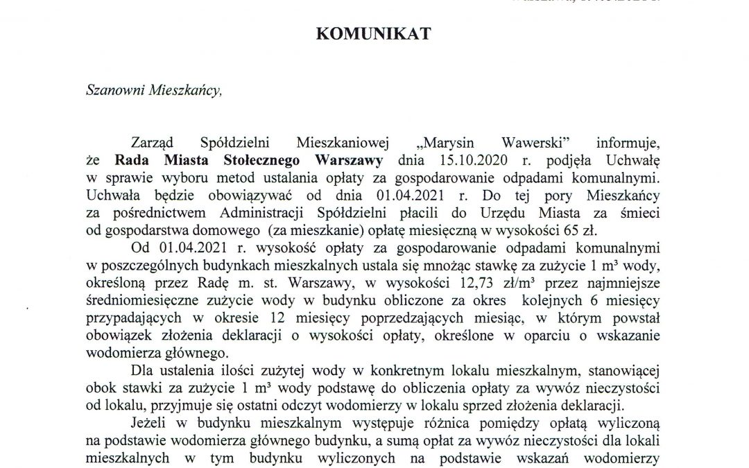 Komunikat – zmiana sposobu naliczania opłat za śmieci