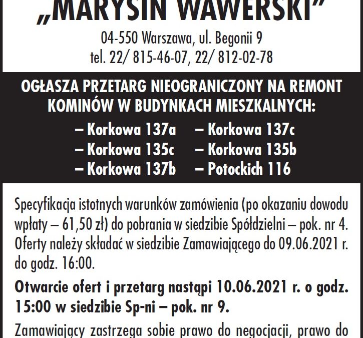 Przetarg nieograniczony na remont kominów w budynkach mieszkalnych