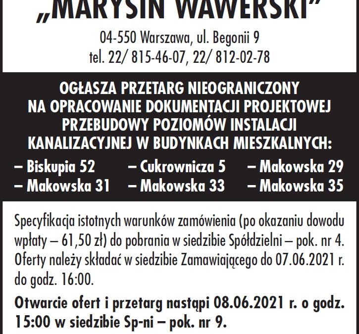 Przetarg nieograniczony na opracowanie dokumentacji projektowej przebudowy poziomów instalacji kanalizacyjnej