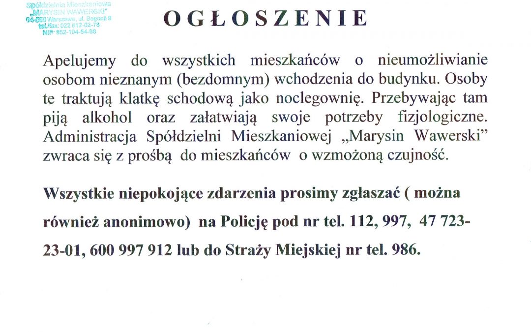 Apel o nieumożliwianie osobom nieznanym wchodzenia do budynku.
