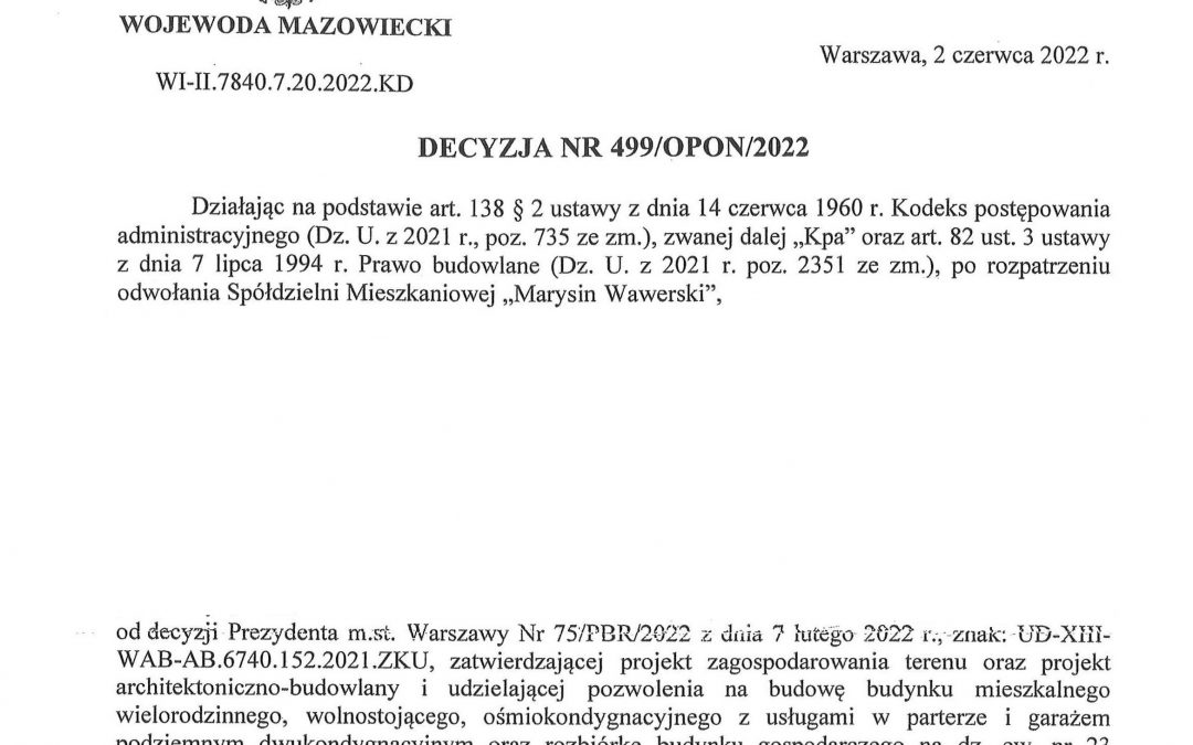 Decyzja Wojewody Mazowieckiego od odwołania od decyzji Prezydenta m.st. Warszawy