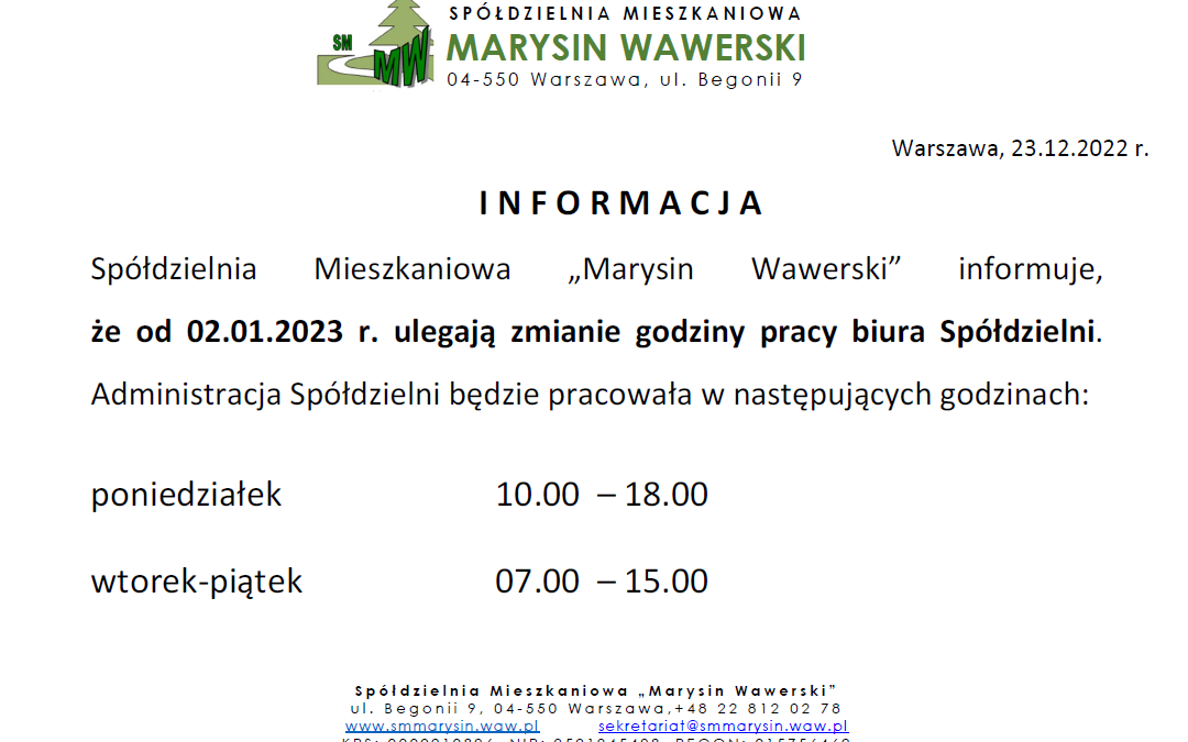 UWAGA Zmiana godzin pracy biura Spółdzielni