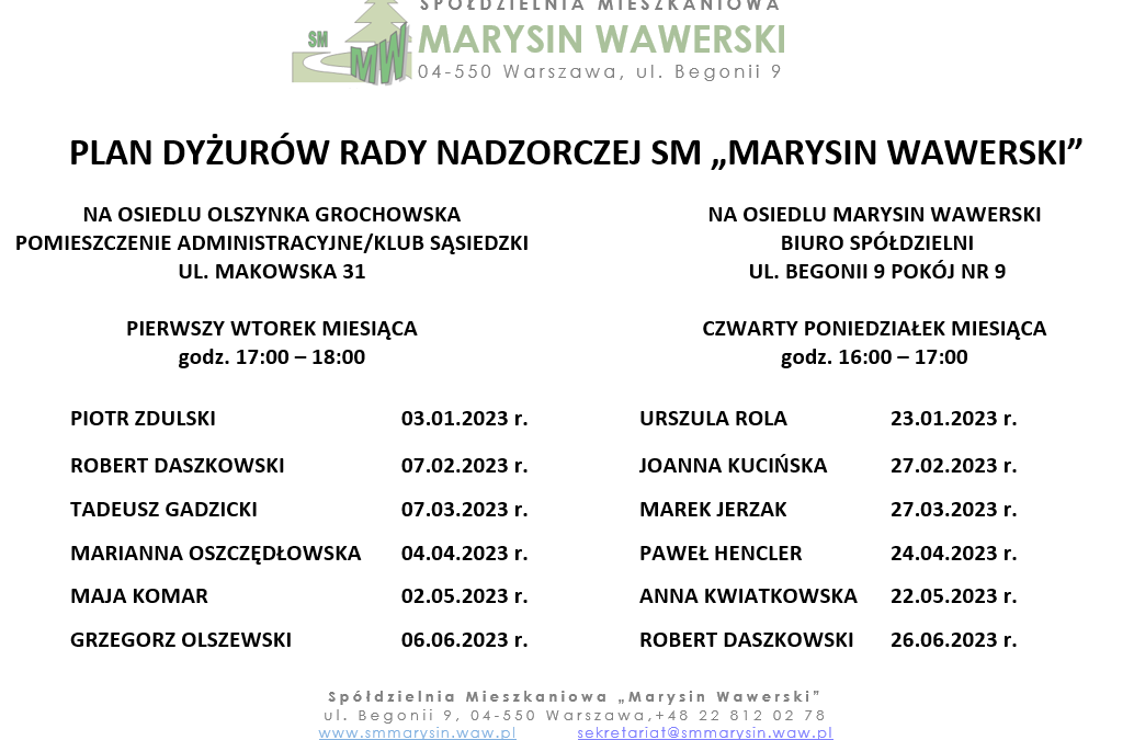 Plan dyżurów Rady Nadzorczej