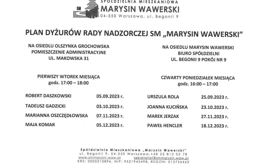 Plan dyżurów Rady Nadzorczej