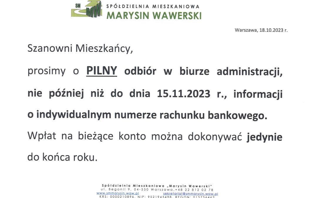 Prośba o PILNY odbiór informacji o indywidualnym numerze rachunku bankowego