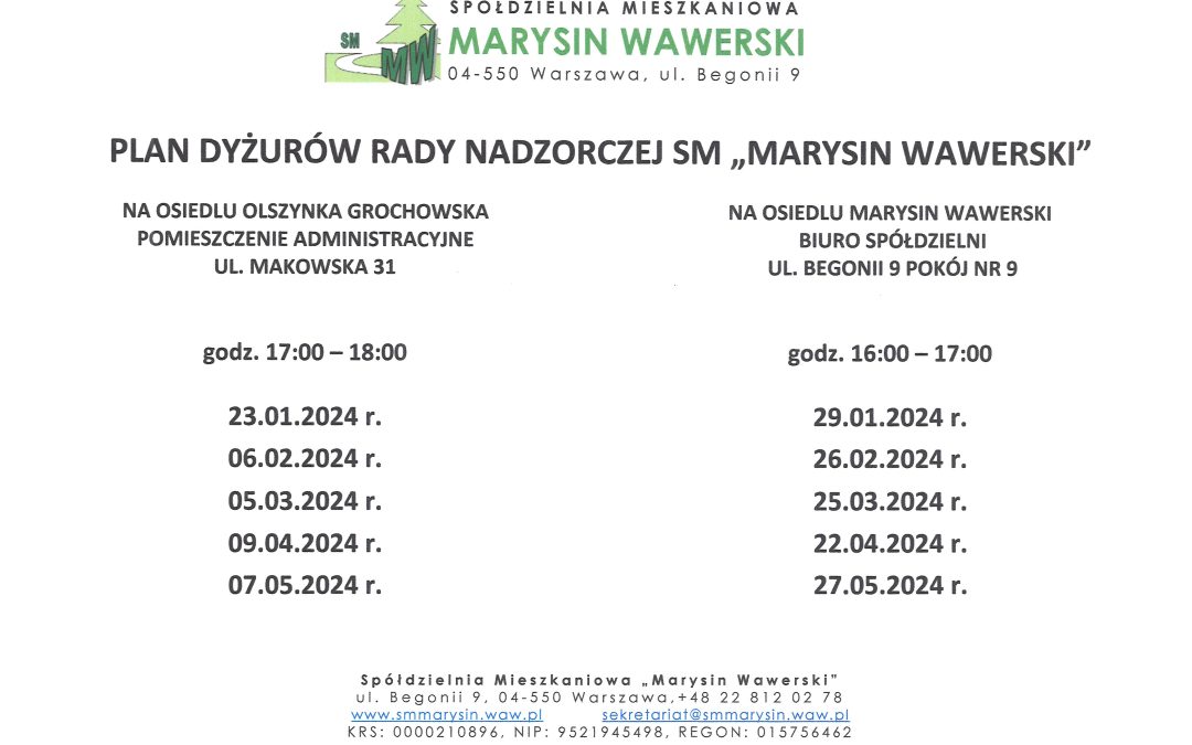 Plan dyżurów Rady Nadzorczej