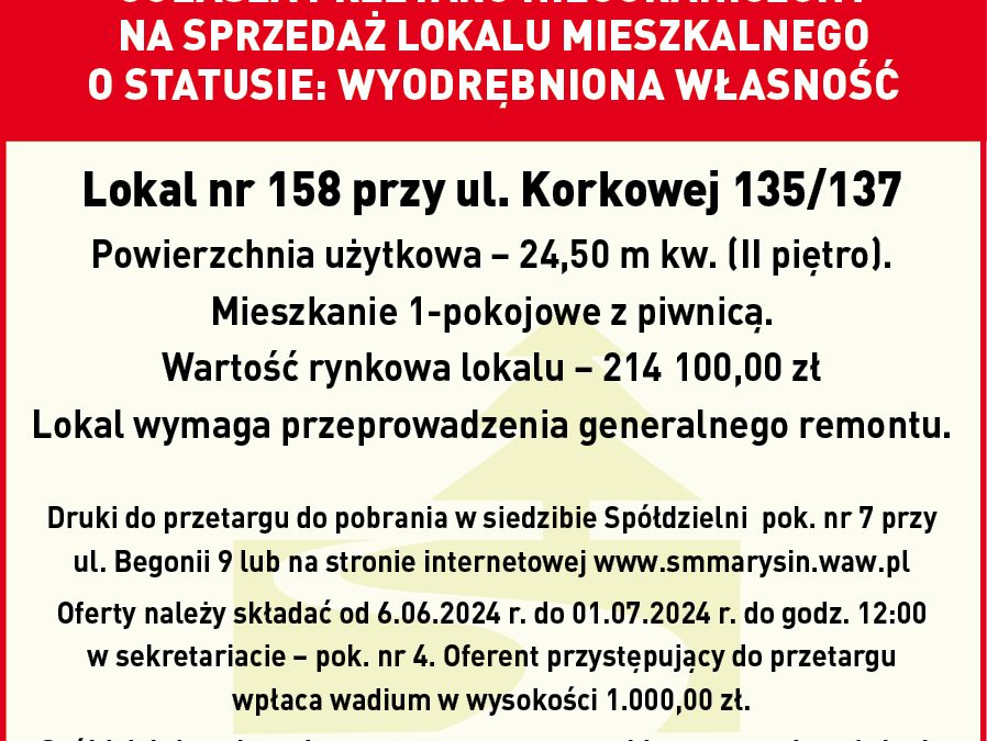 Ogłoszenie o przetargu na lokal z odzysku – Korkowa 135/137