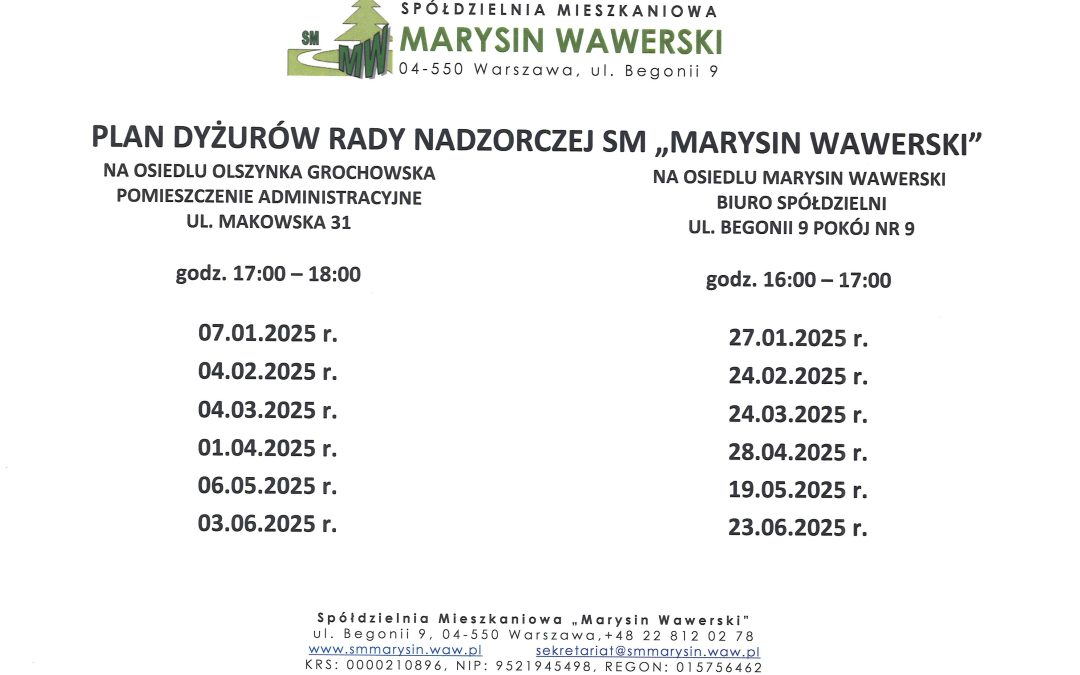 Plan dyżurów Rady Nadzorczej