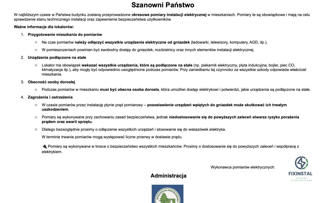 Przeglądy elektryczne 5- letnie w&nbsp;lokalach