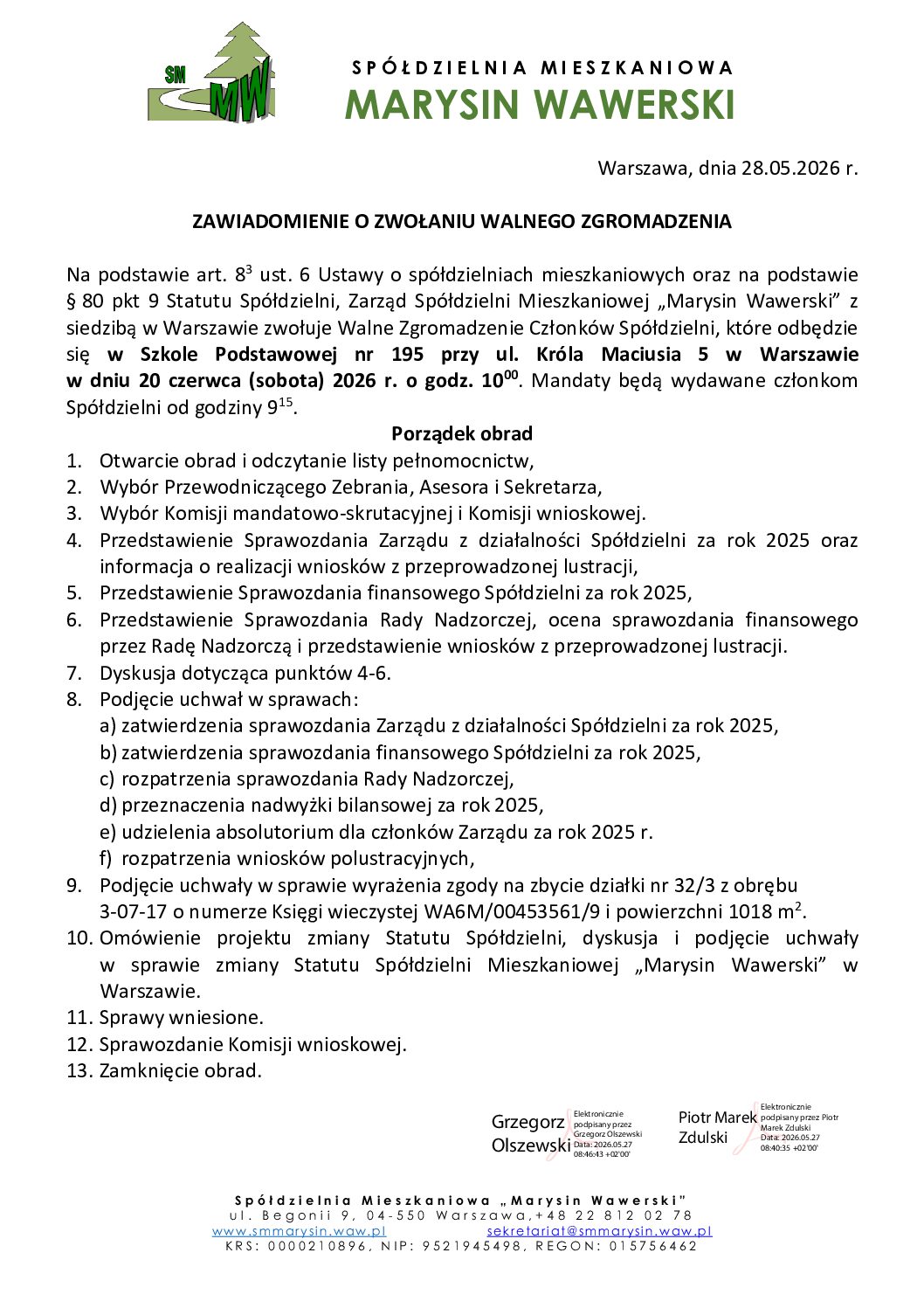 ZAWIADOMIENIE O ZWOŁANIU WALNEGO ZGROMADZENIA
