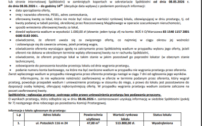 Ogłoszenie o przetargu na lokal z odzysku – Potockich 116